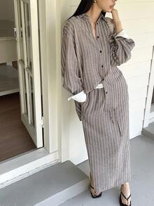 DAZY Women's Striped Drop Shoulder Long Sleeve Pocket Shirt And A-Line Skirt Casual 2-Piece Set - Brown - View 4