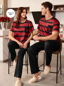 SHEIN Striped Print Patch Pocket Embroidered Men Short Sleeve Pajama Set - Multicolor - View 1