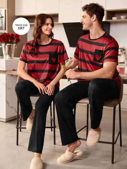 SHEIN Striped Print Patch Pocket Embroidered Men Short Sleeve Pajama Set