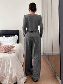 DAZY 卡通熊印花蕾丝拼接蝴蝶结装饰女士睡衣套装 - 灰色 - 查看 2