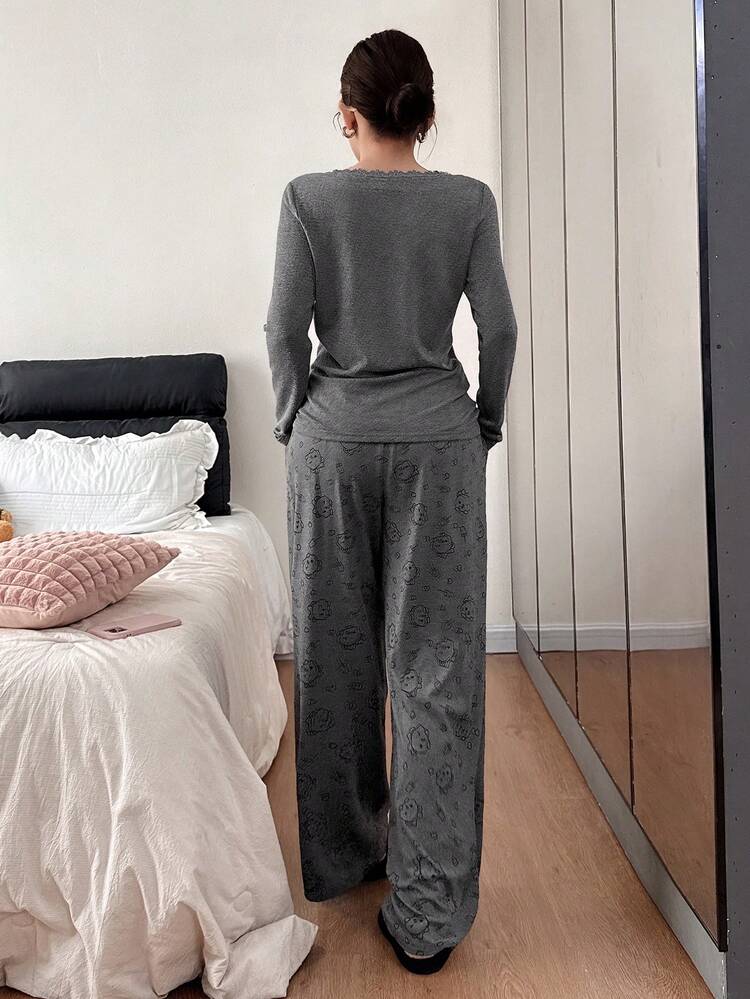 Cartoon Bear Print Lace Patchwork Bow Decor Women Pajama Set