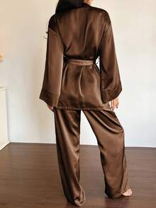 DAZY 2pcs Minimalist Satin Robe & Pants Sleepwear Set, Spring - Brown - View 2