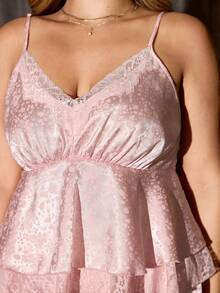 SilkySpell 两件套女士加大码性感缎面吊带睡衣套装，豹纹提花，蕾丝边，四季皆宜 - 淺粉色 - 查看 8