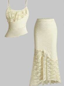 SHEIN Girlism Tween Girl Casual Minimalist Comfortable Asymmetric Hem Camisole & Fishtail Hem Skirt Set - Apricot - View 5