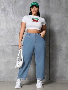 SHEIN ICON 大码女式高腰带口袋锥形休闲百搭牛仔裤 - 淺色水洗藍 - 查看 6