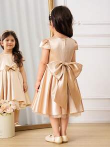 Glamorique Kids 女婴香槟金缎面柔软薄纱半袖蝴蝶结装饰派对礼服，优雅公主裙，适合生日、婚礼、宴会等场合 - 金色 - 查看 2