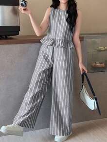 SHEIN 少女休闲条纹无袖上衣搭配直筒裤，饰有木质纽扣，适合春夏假期、派对、优雅场合、返校季、可爱装扮、家庭户外春季野餐以及日常穿着。 - 灰色 - 查看 3