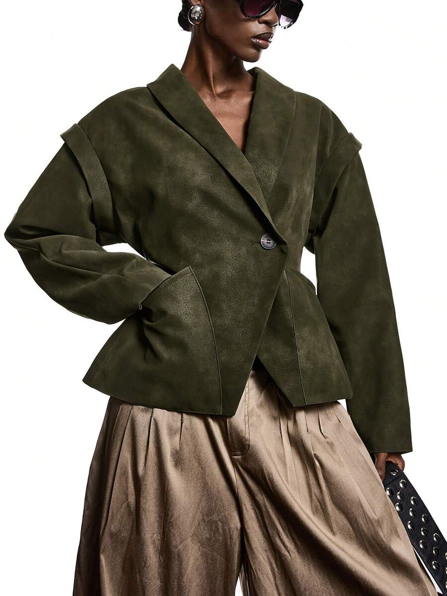 LYSMO 2026新款简约春季女装单扣口袋长袖外套，军绿色女式外套，军绿色夹克，军绿色服装，新年 - 軍綠色 - 查看 1