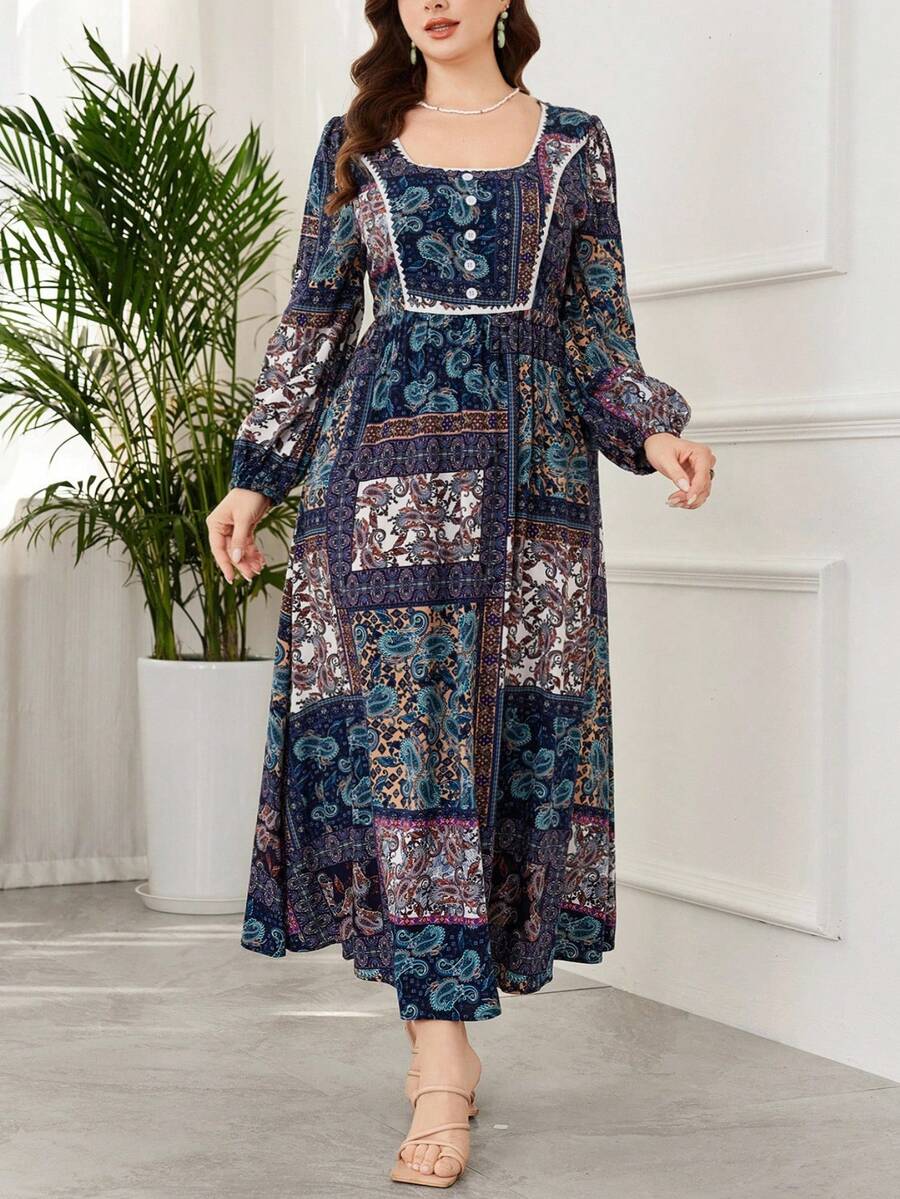 Lacomfia 女士休闲佩斯利印花方领长袖修身A字中长连衣裙，春秋季 - 彩色 - 查看 1