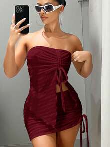 SHEIN x Marika Sila SHEIN ICON Drawstring Front Tube Top & Bodycon Skirt Two Pieces - Red Violet - View 4