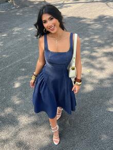 SHEIN PETITE Women's Solid Color Minimalist Backless Sleeveless Denim Dress