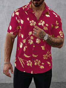 Manfinity LEGND Chemise décontractée à manches courtes avec boutons et imprimé floral pour hommes - Rouge - Voir 4