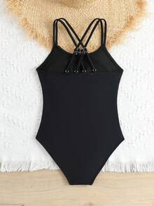 SHEIN 适合青少年女孩的多功能可调节肩带连体泳衣 - 黑色 - 查看 3