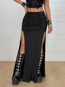 Coolane Women's Spring/Winter Streetwear Goth Y2k Rave Outfit Split Stretchy Straps Black Long Skirts - Black - View 3