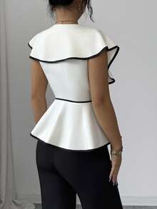 Siren Gaze New Contrast Trim Sleeveless Fitted Shirt For Women Summer Elegant Peplum Top Women White Elegant Top,Modest Top - Apricot - View 2