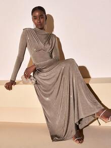 Zivah Winter Spring New, Music Festival, Easter, Western, Nomadic, Birthday Party, Holiday Dress, Party Dress, Elegant Dress For Women, Airport Outfits, Party, Holiday Outing, Elegant Banquet, Ball Gown, Street Fashion, Pleated Decor Fitted Waistline A-Line Midi Dress, Stretchy Knit, Shiny Knit Fabric Elegant Party Dress For Women - Brown - View 8