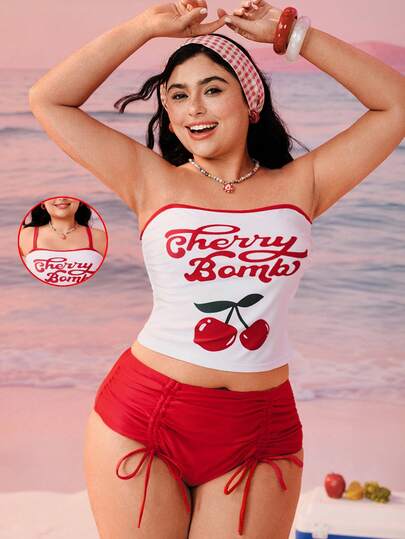 Swim Mod Plus Size Tankini Swimsuit Top With Contrast Color Block Print, Adjustable Straps & Solid Color Drawstring Bottoms, Vacation Beach Swimwear