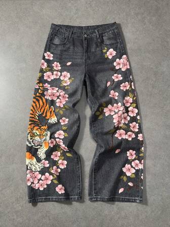 Jeans casuales de pierna ancha y suelta con bolsillo con estampado floral y de tigre para hombres