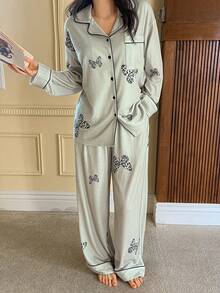 DAZY Schmetterlingsmuster Kontrastfarben Saum Locker Sitzender Damen Pyjama Set - Grau - Übersicht 5
