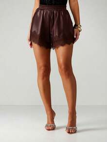MISSGUIDED 女士仿皮蕾丝边高腰飘逸短裤，弹性腰带，适合春夏穿着 - 棕色 - 查看 4