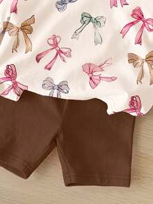 可爱芭蕾舞风格蝴蝶结装饰，女婴休闲简约圆领短袖T恤和紧身短裤套装，适合春夏穿着 - 彩色 - 查看 4