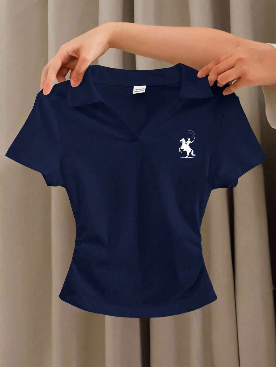 Tween Girls' Solid Color Casual Polo V-Neck Fitted Side Ruched Short Sleeve Cropped T-Shirt - Navy Blue - View 1