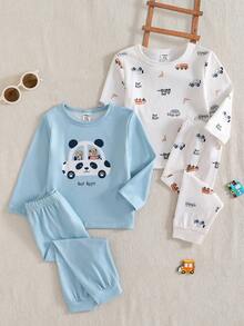 4pcs/Set Toddler Boys' Cartoon Dinosaur Print Crew Neck Long Sleeve Pajama Set - Multicolor - View 3