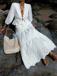 Livesso 春夏提花荷叶边系带露脐上衣和镂空半裙两件套，休闲海滩度假风女装 - 白色 - 查看 1