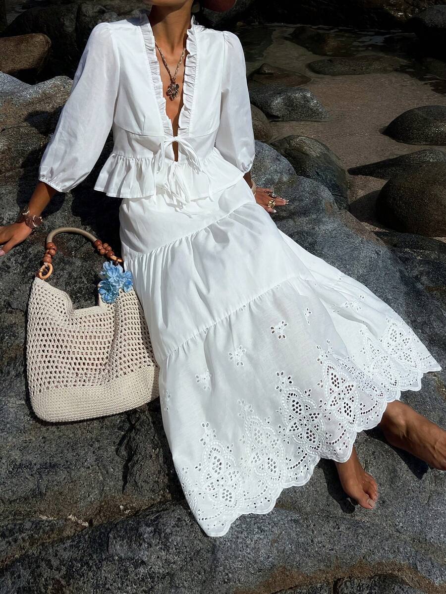 Livesso 春夏提花荷叶边系带露脐上衣和镂空半裙两件套，休闲海滩度假风女装 - 白色 - 查看 1