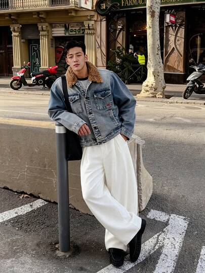 ESTAVOR Chaqueta casual de manga larga de mezclilla con cuello de sherpa de parche para hombre, de otoño/invierno