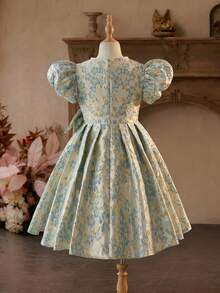 SHEIN Đầm dệt jacquard tay phồng trang trí nơ thanh lịch dành cho bé gái tuổi teen - Màu xanh lam - Xem 15