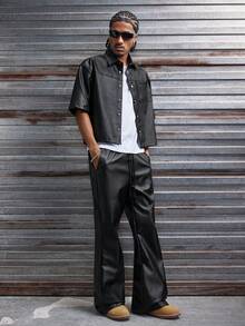 AXEPEAK Conjunto de camisa de manga corta con bolsillo delantero y pantalones casuales de verano para hombre - Negro - Ver 4
