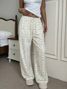 Aloruh 女士春夏新款优雅度假沙滩休闲贝壳、海星、珊瑚印花条纹低腰直筒裤 - 彩色 - 查看 6