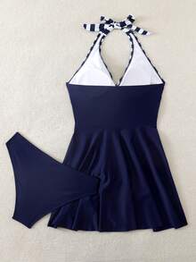 Swim Lushoire 2026 New Arrival Hot Selling Navy Blue Striped Patchwork Solid Color Dress With Drawstring, Mature Fashionable Resort Elegant Slimming Tankini Swimsuit For Women, Suitable For Party, Beach, Vacation - Navy Blue - View 4