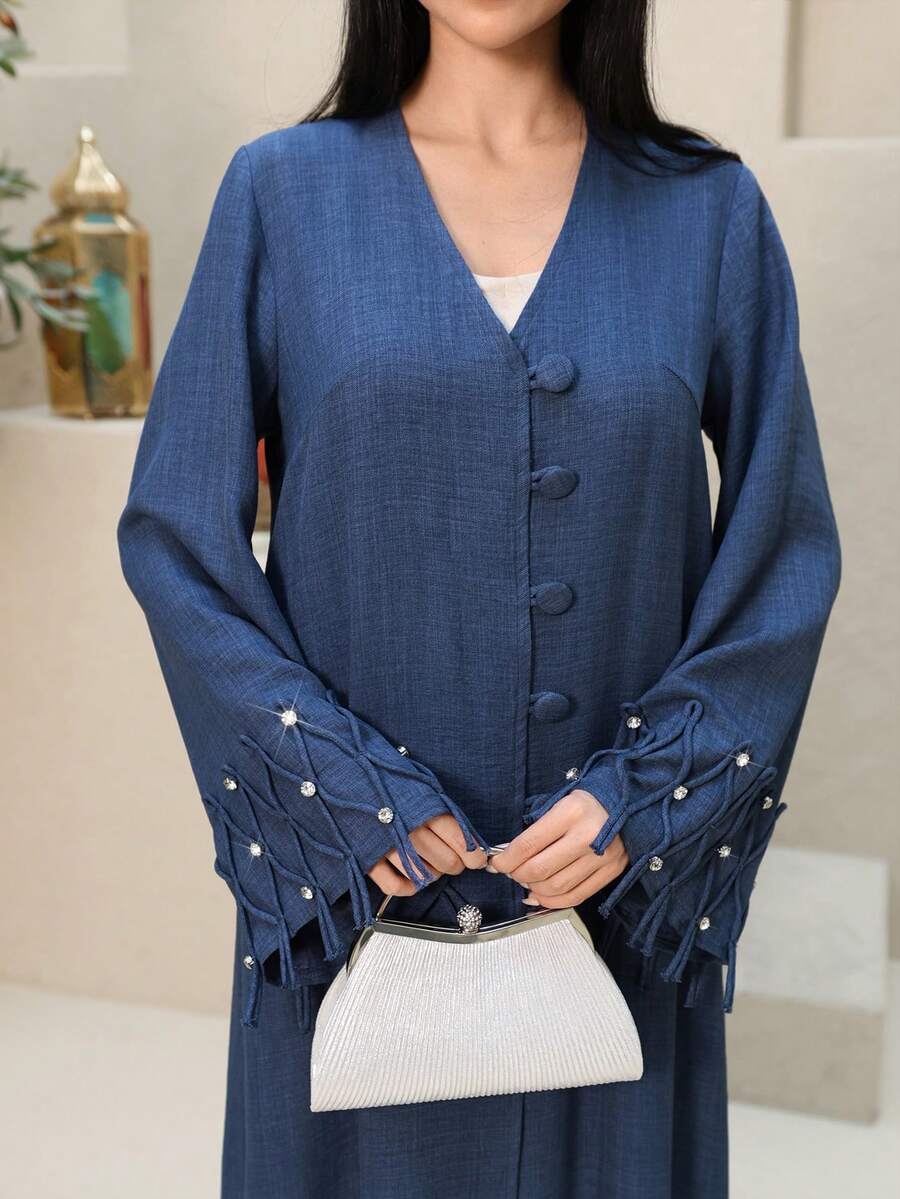 Yasmyna 女士端庄优雅V领水钻流苏装饰宽松阿拉伯长袍 - 藍色 - 查看 1