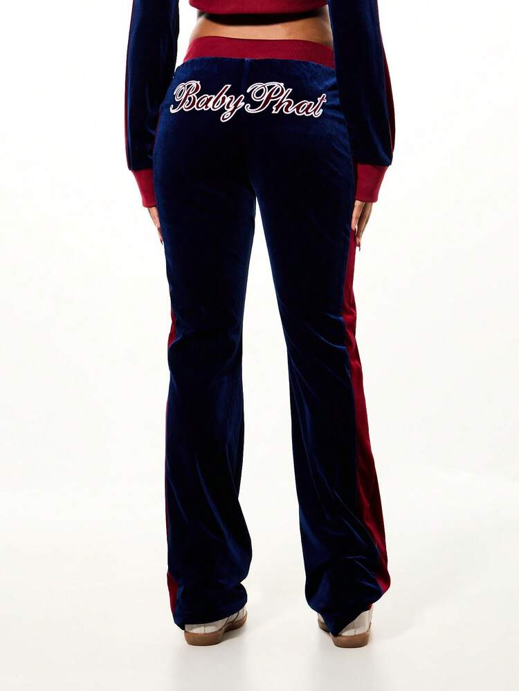 BABYPHAT Women's Velour Tracksuit Bottoms With Text Logo Detail Red Trim Flare Leg Sweatpants Comfy Pants Navy Pants Velvet Pants Women Flared Sweatpants