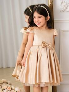 Glamorique Kids 女婴香槟金缎面柔软薄纱半袖蝴蝶结装饰派对礼服，优雅公主裙，适合生日、婚礼、宴会等场合 - 金色 - 查看 1