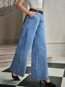 Selenza Women's Solid Color Slant Pocket Casual Versatile Wide Leg Jeans - Blue - View 2