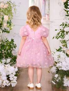 Glamorique Kids 女童3D立体花卉网纱连衣裙，泡泡袖设计