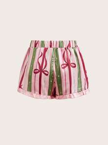 SHEIN Unity Pink Stripe Summer Cute Lounge Satin Pyjama Set,Bow Front Frill Hem Bralet Top & Mini Shorts Multipack,Christmas New Year Winter Cosy Girly Sleepwear - Multicolor - View 5