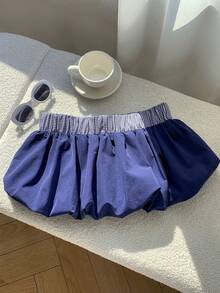 Comfortcana 2026新款春夏女式休闲格子拼接荷叶边短裤，夏季春季女式沙滩健身度假装 - 藏蓝色 - 查看 2