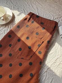 Comfortcana Women's Polka Dot Print Slant Pocket Casual Versatile Jeans - Brown - View 2