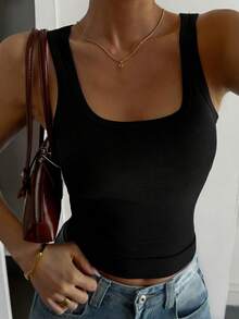 DAZY 女士纯色方领无袖宽肩带修身背心 - 黑色 - 查看 3