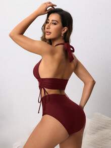 Swim Lushoire Adjustable Drawstring All-Match Women Swimsuit Set - Burgundy - View 2