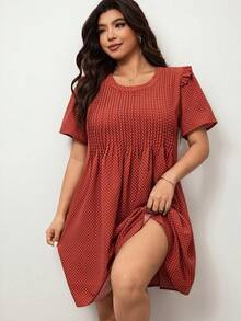 Enliva 大码女式波点圆领短袖连衣裙 - 鏽棕色 - 查看 2