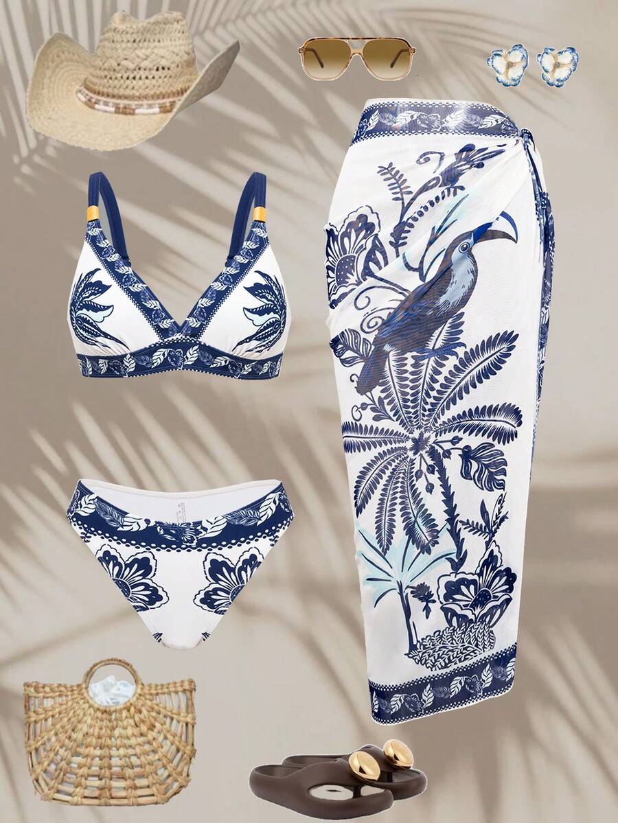 Swim Oasis White And Blue Floral Summer Boho Holiday Plant Print Spaghetti Strap Bikini Set With Cover Up Skirt,3-Piece Set,Elegant Swimwear For Women,Pool Party - Multicolor - View 1