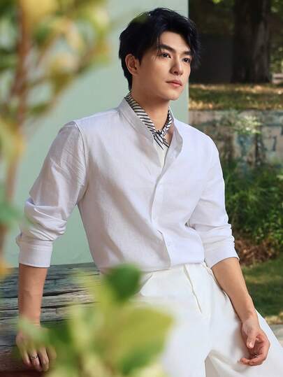 DAZY Men's Casual, Everyday, Workwear Solid Color Stand Collar Long Sleeve White Shirt, Spring/Autumn