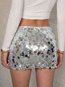 SHEIN Tall Women's Sparkly Mini Skirt,Ladies Party,Sexy Appliques,Contrast Sequin,Zipper Mini Regular Fit Drop Waist Gold Floral,Plain Women Skirts,Spring/Summer,Party/Nightclub Outfits - Silver - View 2