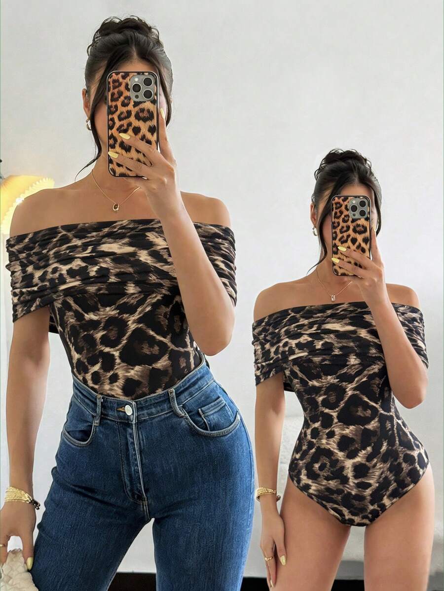 Rafferiza Women's Elegant Off Shoulder Ruched Hem Bodysuit, Slim Fit, Summer - Multicolor - View 1