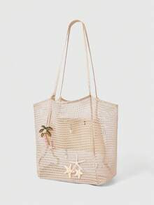 ROMWE Fairycore 1个手工编织手提包，饰以人造兰花和百合花，大容量单肩包，适合夏季度假和海滩使用（配件需要自行组装，天然海星颜色略有不同） - 多色A - 查看 2